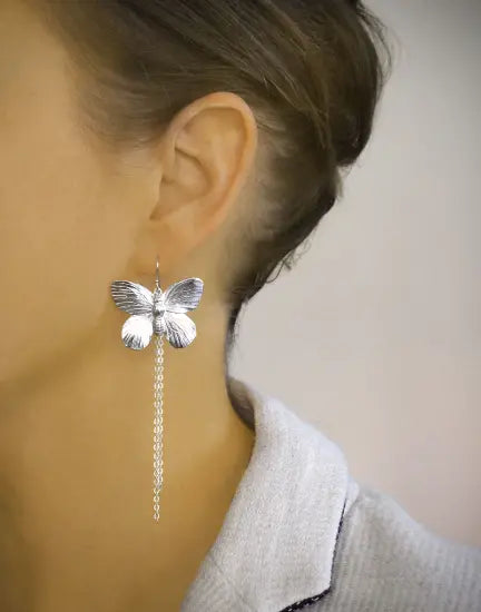 Sølv butterfly øreringe med hængende kæde
